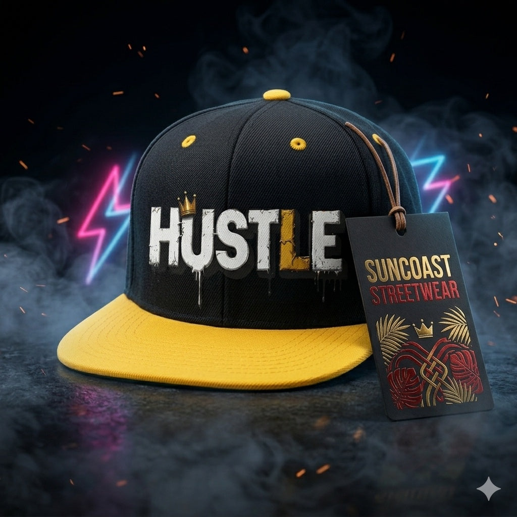 "HUSTLE" Signature Snapback – Suncoast Limited Edition (Black/Gold/Yellow)