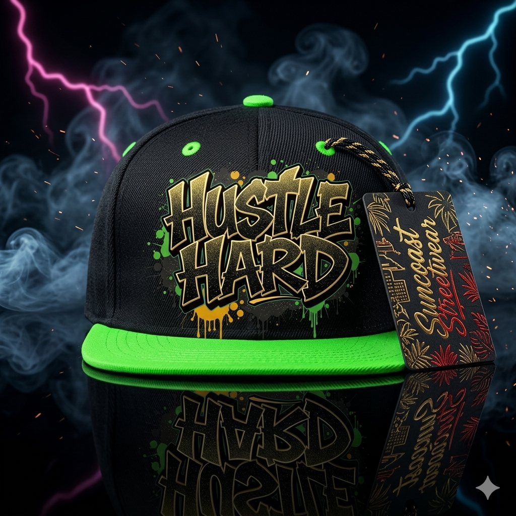 "HUSTLE HARD" Graffiti Snapback – Suncoast Streetwear (Electric Green/Gold)